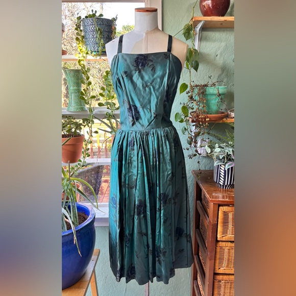 Vintage 1950s Teal Floral Satin Midi Dress - Picture 2 of 6